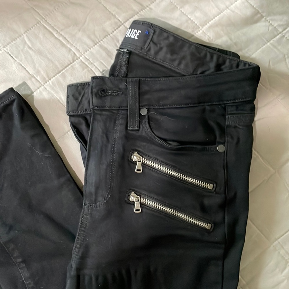 Paige size 26 stretchy black jeans with zippers.